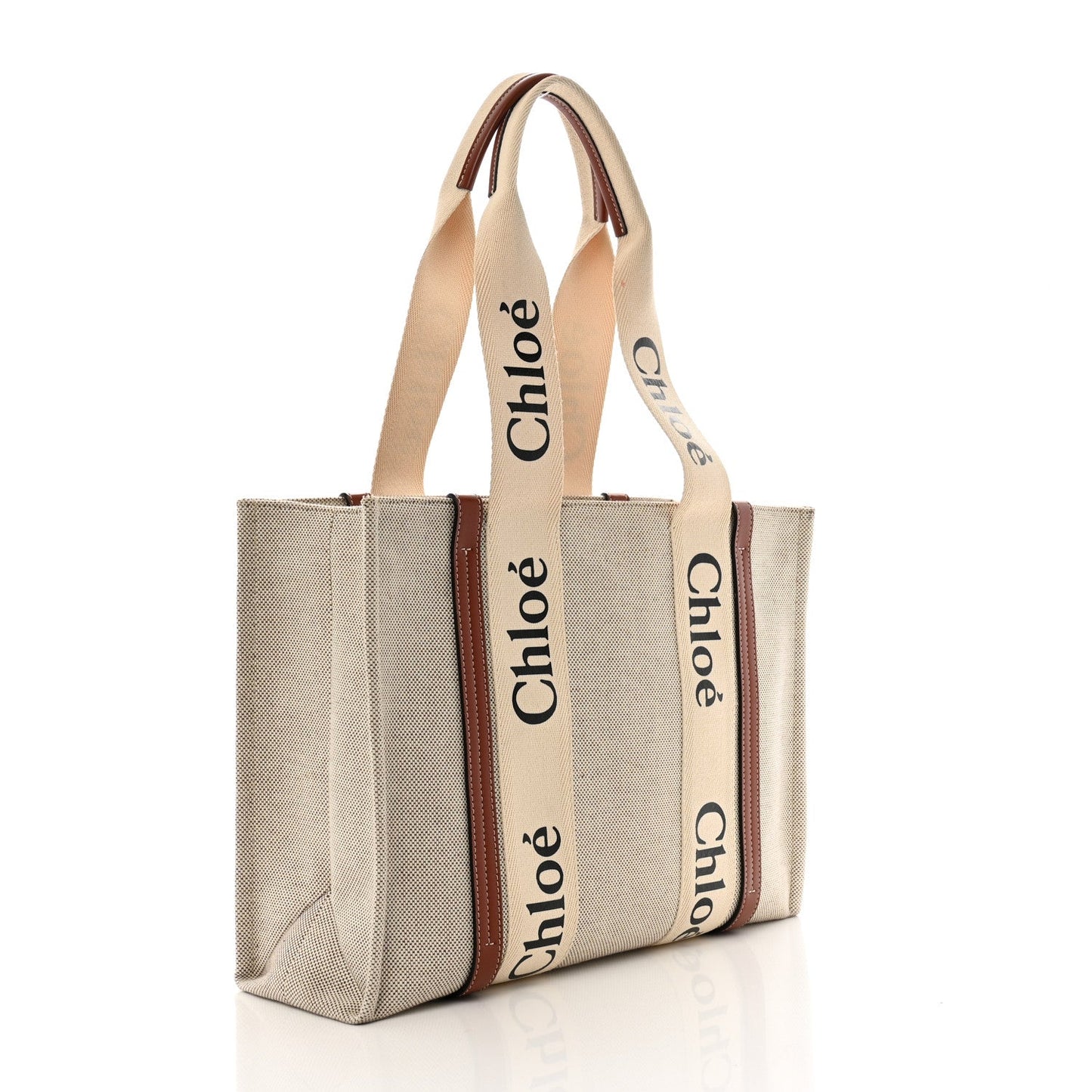 Chloe Cotton Calfskin Medium Woody Ribbon Tote White Brown