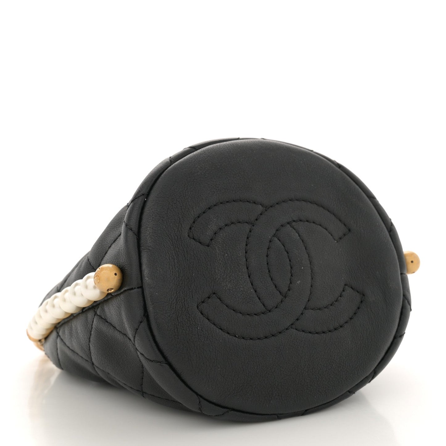 Chanel Calfskin Quilted Pearl Mini About Pearls Drawstring Bucket Bag Black