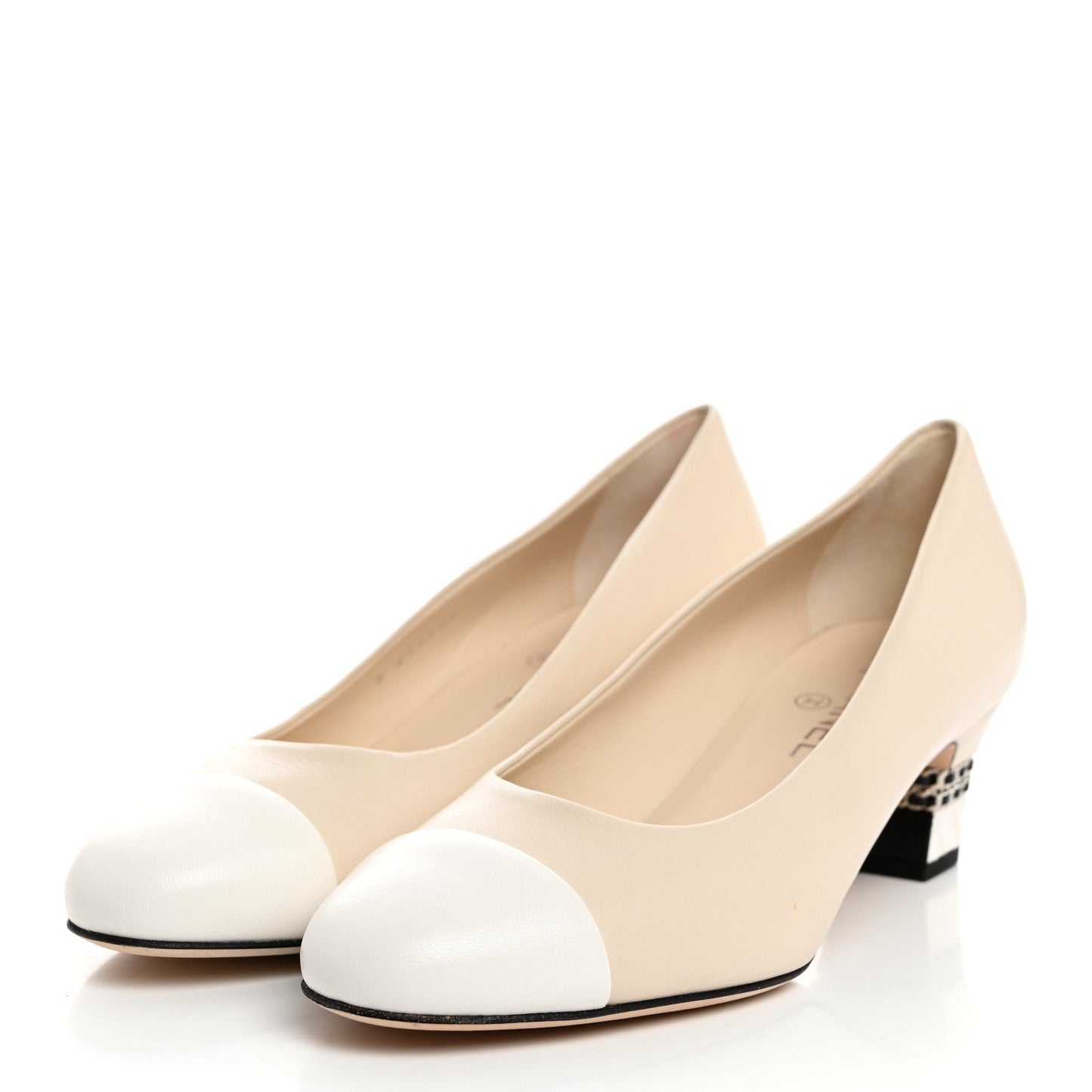 Chanel Lambskin CC Cap Toe Chain Pumps 41 Light Beige White