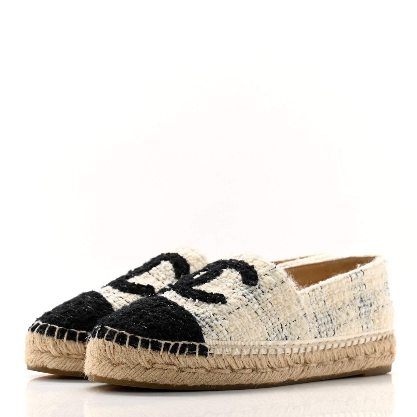 Chanel Tweed CC Espadrilles 36 Ecru White Blue Black