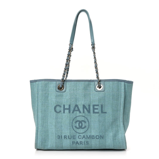 Chanel Mixed Fibers Striped Small Deauville Tote Blue