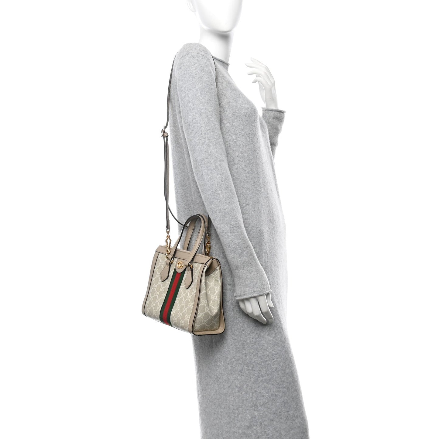 Gucci GG Supreme Monogram Textured Dollar Calfskin Web Small Ophidia Tote Bag Beige Mystic White Oatmeal