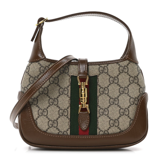 Gucci GG Supreme Monogram Azalea Calfskin Web Mini Jackie 1961 Hobo Beige Ebony Brown Sugar
