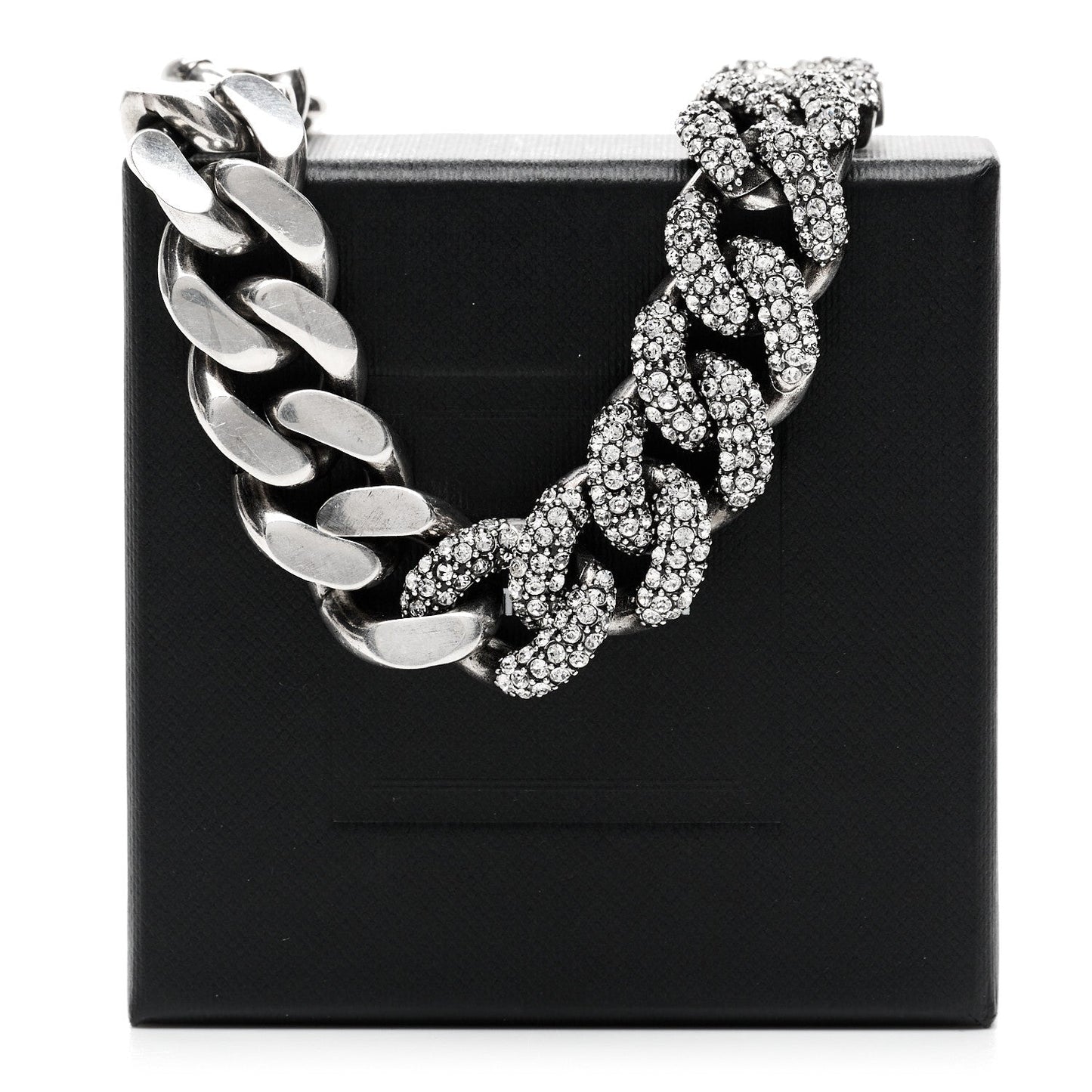 Saint Laurent Crystal Curb Chain Necklace Oxidized Silver