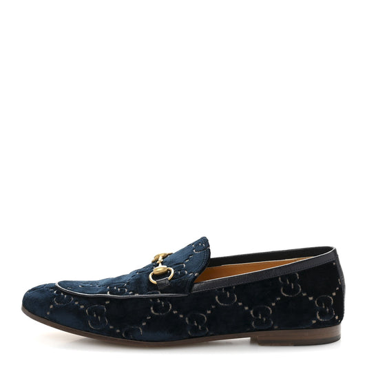 Gucci Velvet GG Monogram Horsebit Mens Jordaan Loafers 8.5 Blue Beige