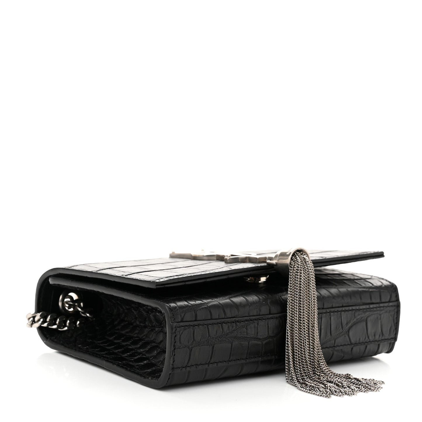 Saint Laurent Calfskin Crocodile Embossed Small Classic Monogram Kate Tassel Satchel Black