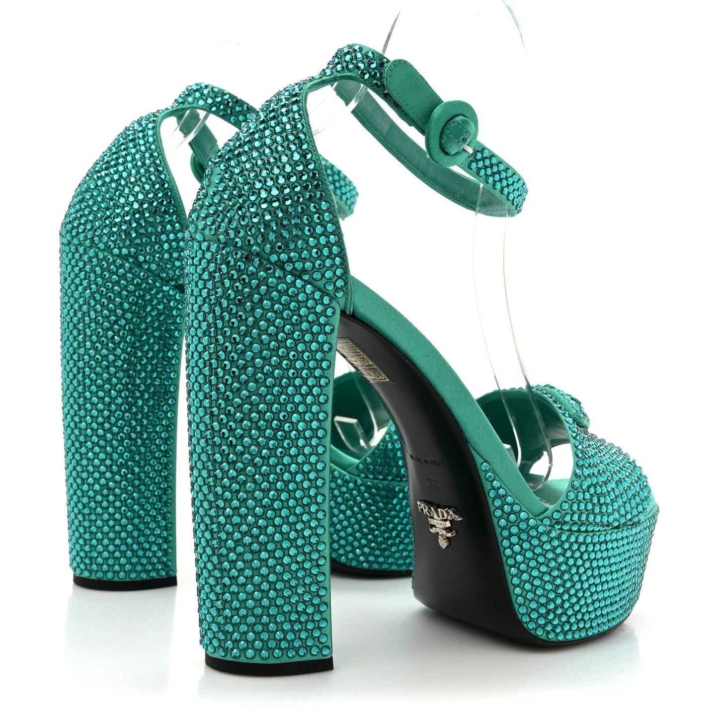 Prada Satin Crystal Triangle Logo 40/135mm Platform Sandals 38 Mango