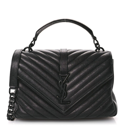Saint Laurent Sheepskin Matelasse Chevron Monogram Monochrome Medium College Bag Black