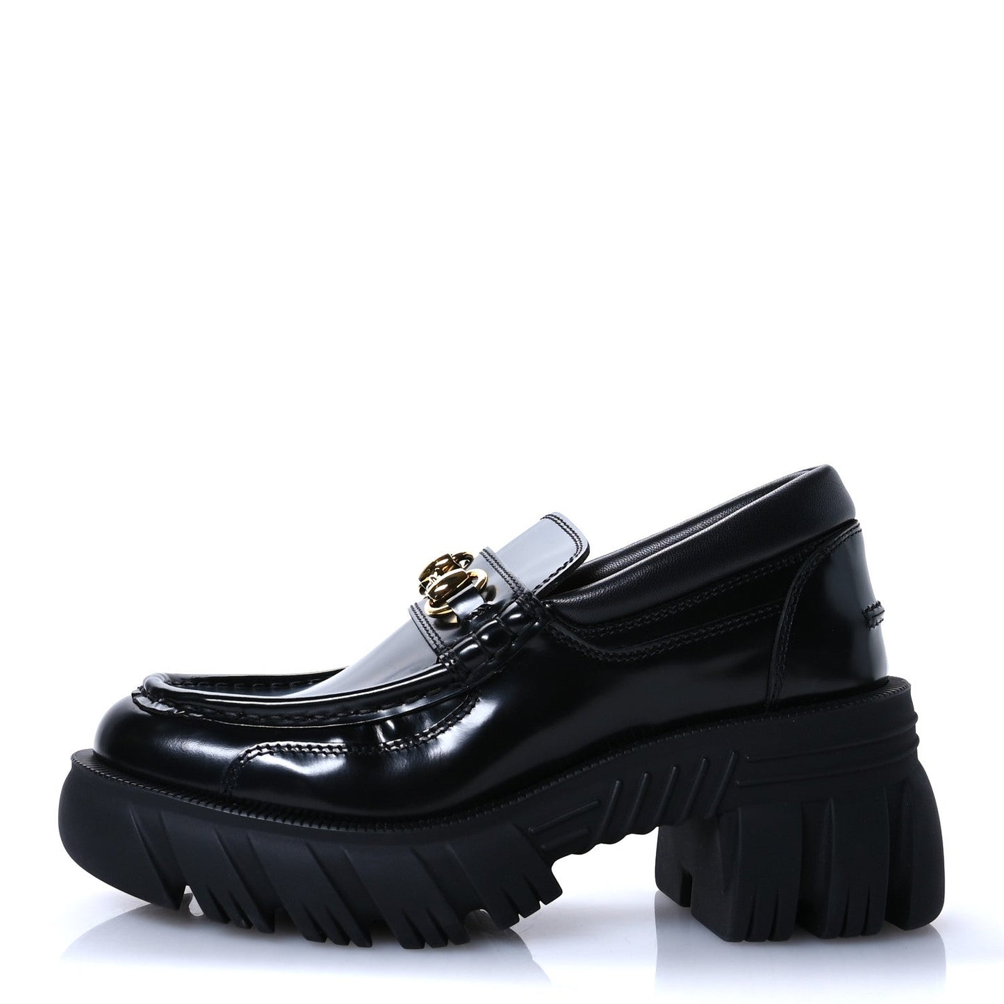 Gucci Magnum Calfskin Nappa Samoa Womens Horsebit Platform Chunky Lug Sole 40mm Loafers 35 Black