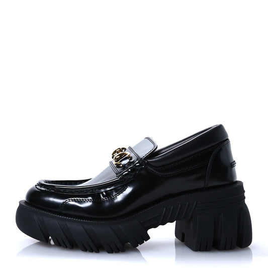 Gucci Magnum Calfskin Nappa Samoa Womens Horsebit Platform Chunky Lug Sole 40mm Loafers 35 Black