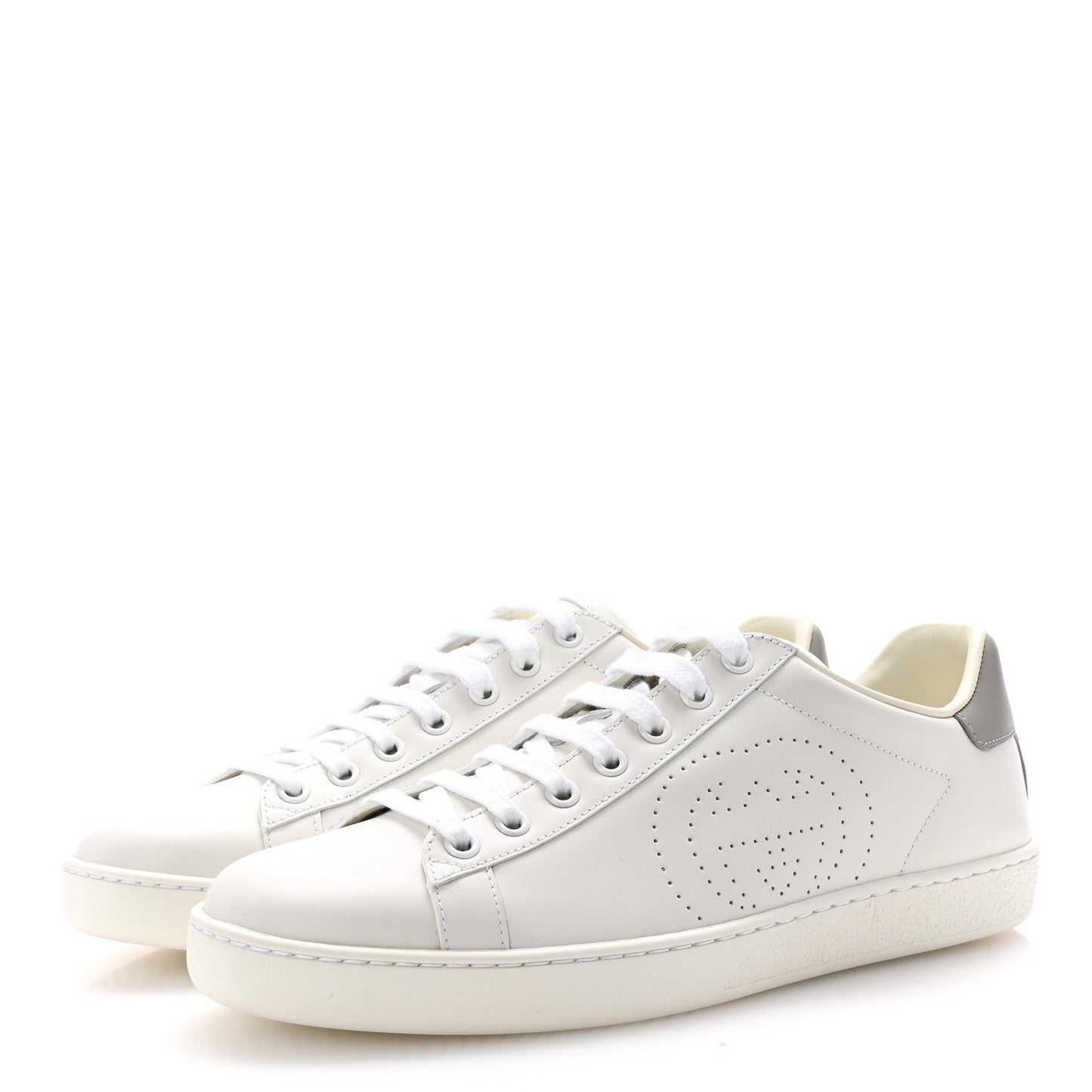 Gucci Calfskin InterLocking G Perforated Womens Ace Sneakers 38.5 White Grey Sky