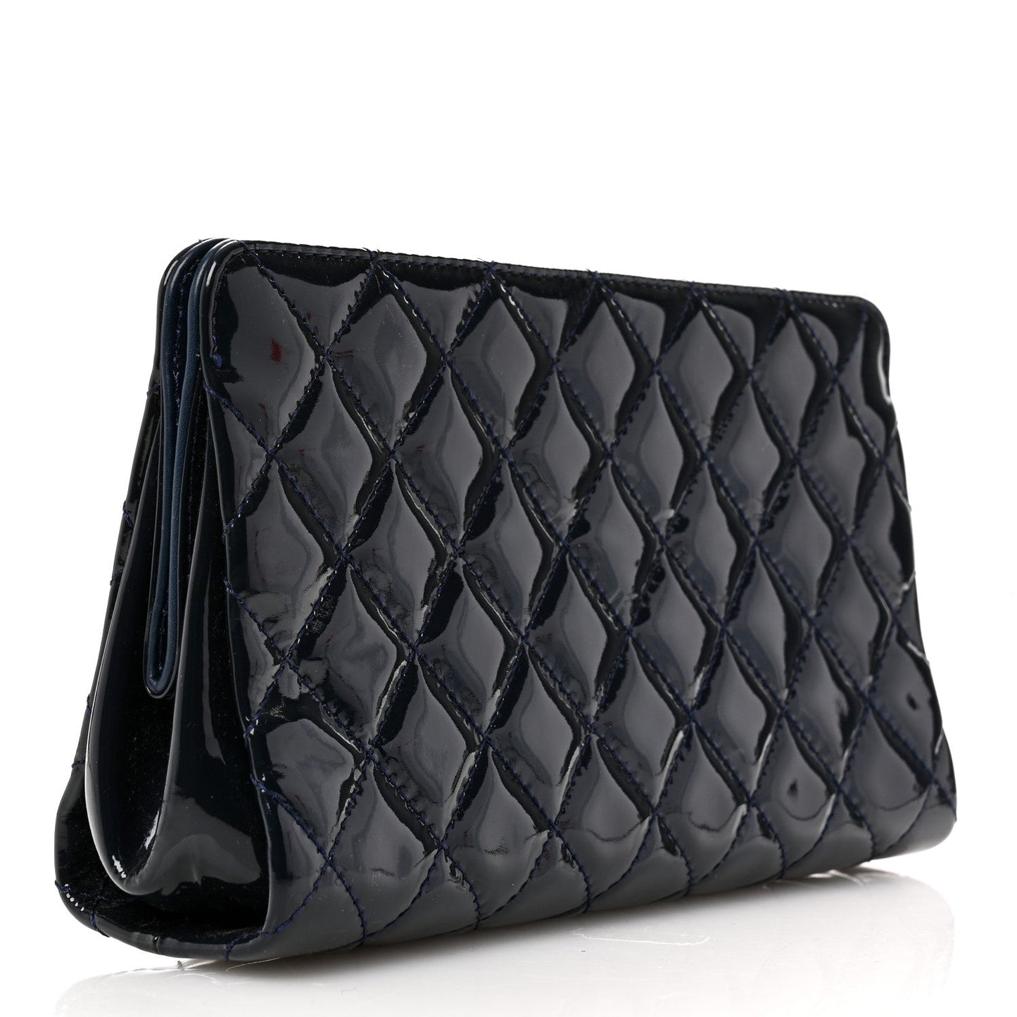 Chanel Patent CC Quilted Timeless Clutch Navy