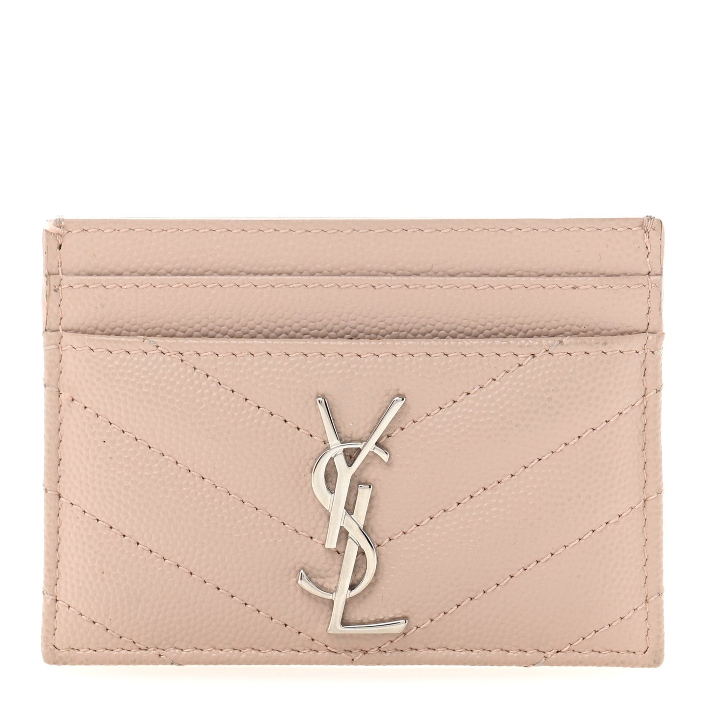 Saint Laurent Grain De Poudre Matelasse Chevron Monogram Credit Card Case Pale Pink