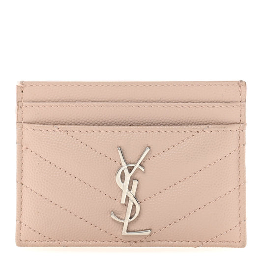 Saint Laurent Grain De Poudre Matelasse Chevron Monogram Credit Card Case Pale Pink