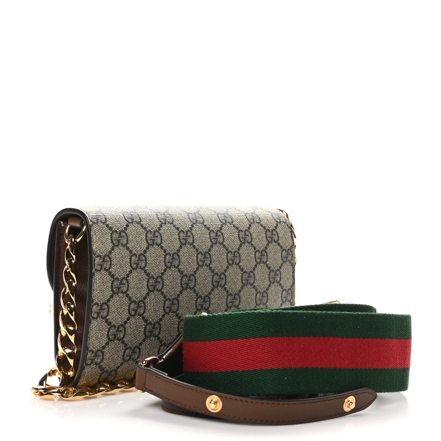 Gucci GG Supreme Monogram Azalea Calfskin Web Mini Horsebit 1955 Chain Shoulder Bag Beige Ebony Brown Sugar