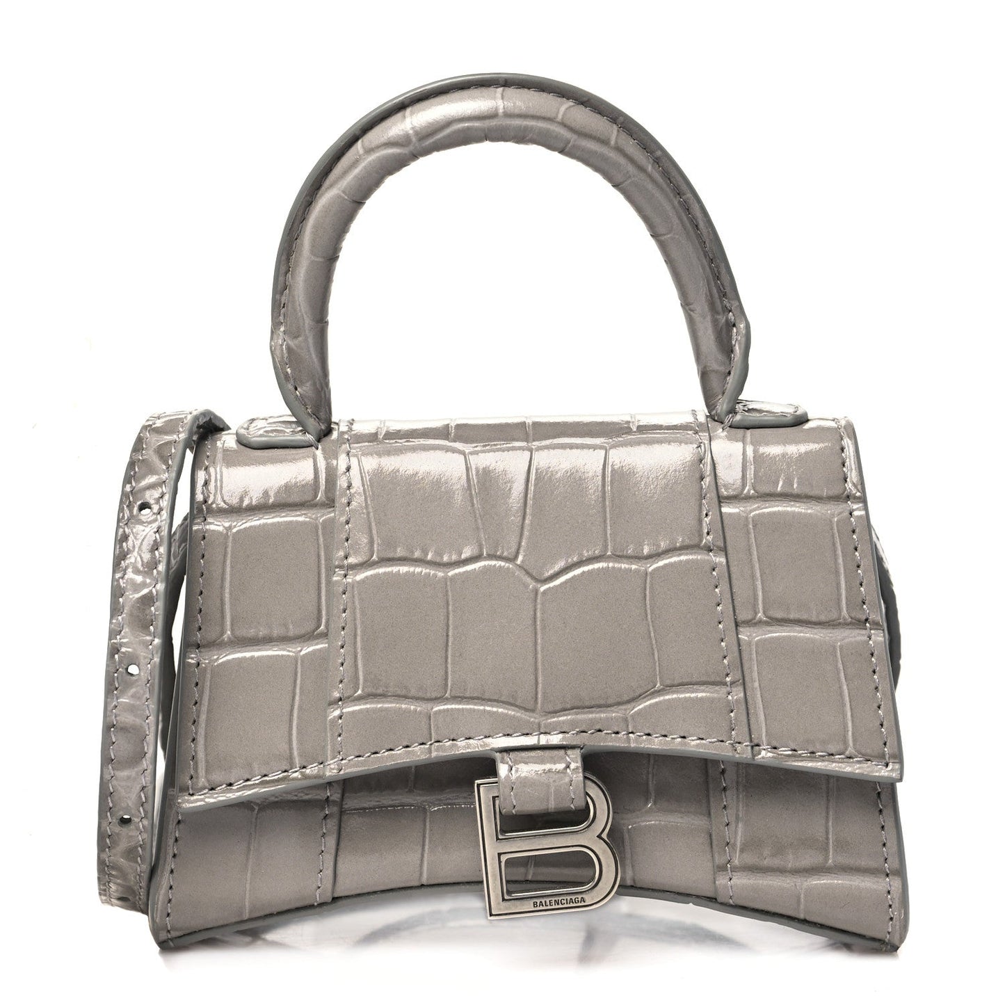 Balenciaga Shiny Calfskin Crocodile Embossed Hourglass Top Handle Bag Mini Steel Grey