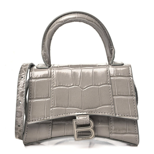Balenciaga Shiny Calfskin Crocodile Embossed Hourglass Top Handle Bag Mini Steel Grey
