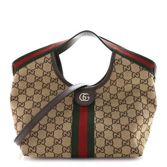 Gucci Monogram Web Small Giglio Tote Beige  Dark Brown
