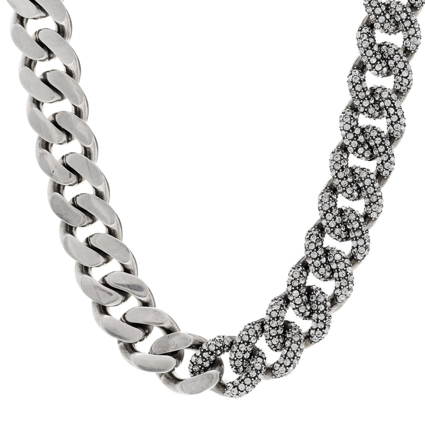 Saint Laurent Crystal Curb Chain Necklace Oxidized Silver