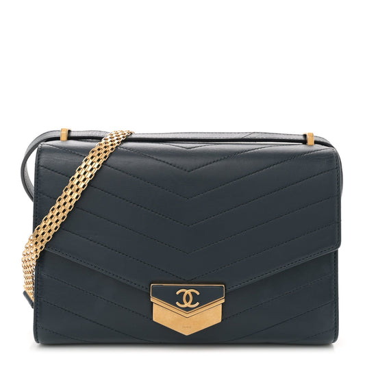 Chanel Calfskin Chevron Quilted Medal Flap Navy