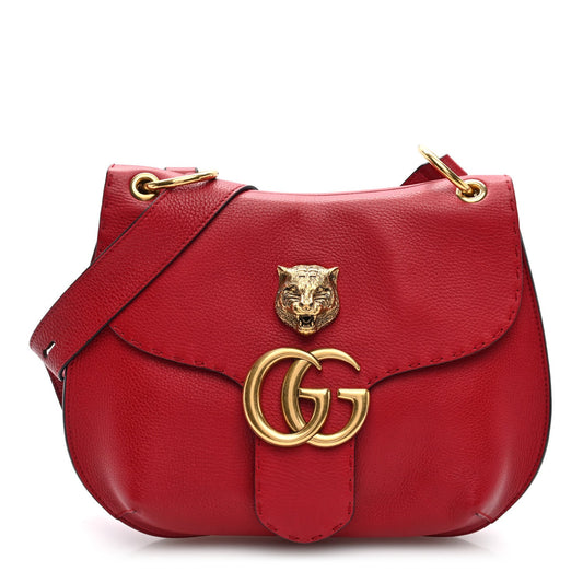 Gucci Cellarius Calfskin Feline GG Marmont Flap Shoulder Bag Vulcanic Red