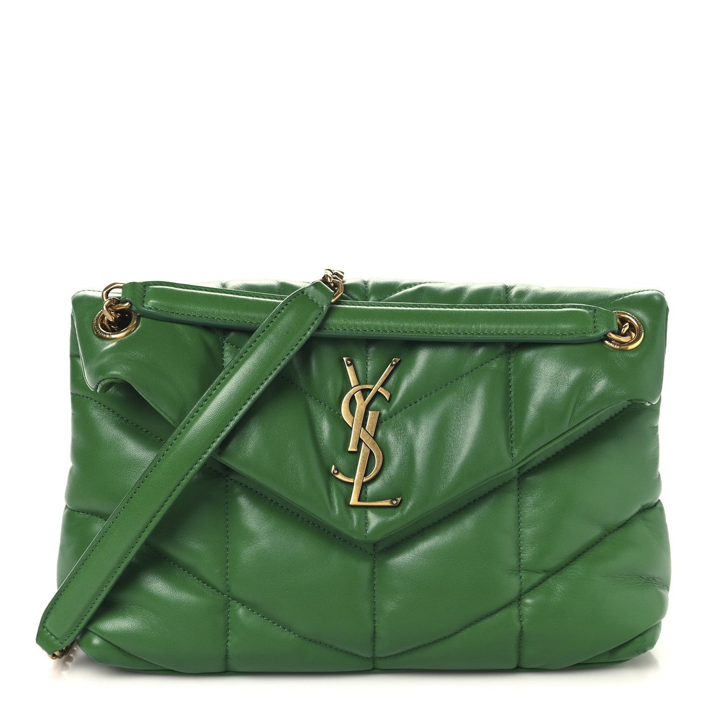 Saint Laurent Lambskin Quilted Small Loulou Puffer Monogram Chain Satchel New Vert