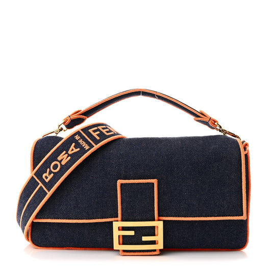 Fendi Denim Large Baguette Blue Arancio Fluo