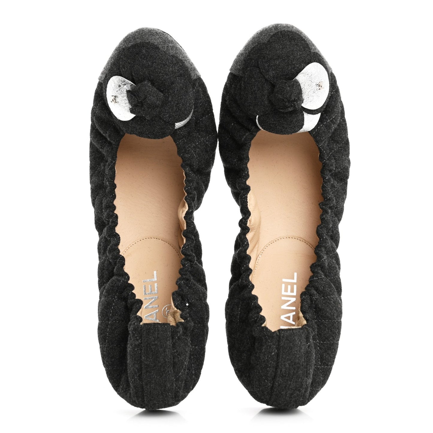 Chanel Tweed Quilted Camellia Cap Toe Ballerina Flats 40 Grey