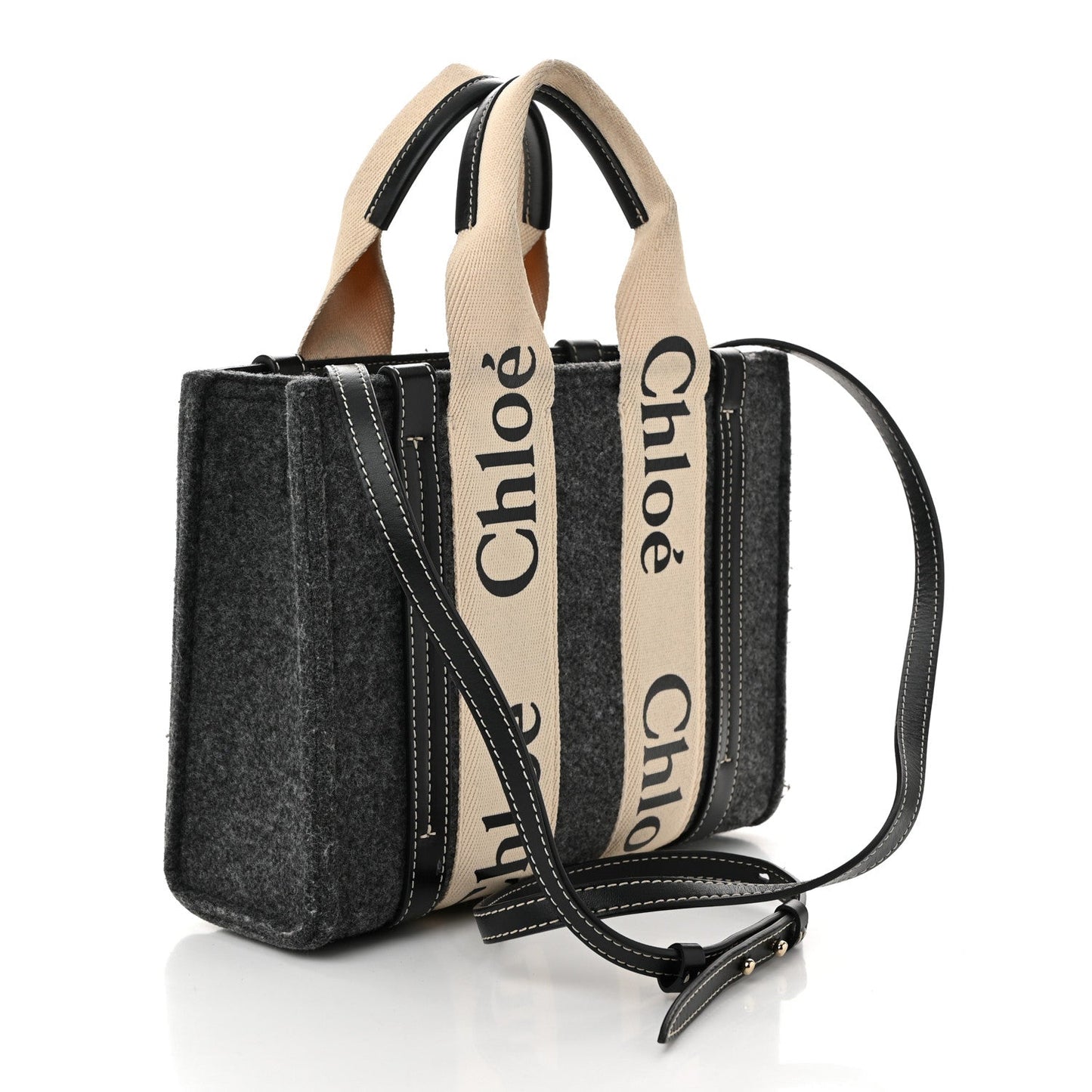 Chloe Felt Calfskin Small Woody Ribbon Tote With Strap Cashmere Grey