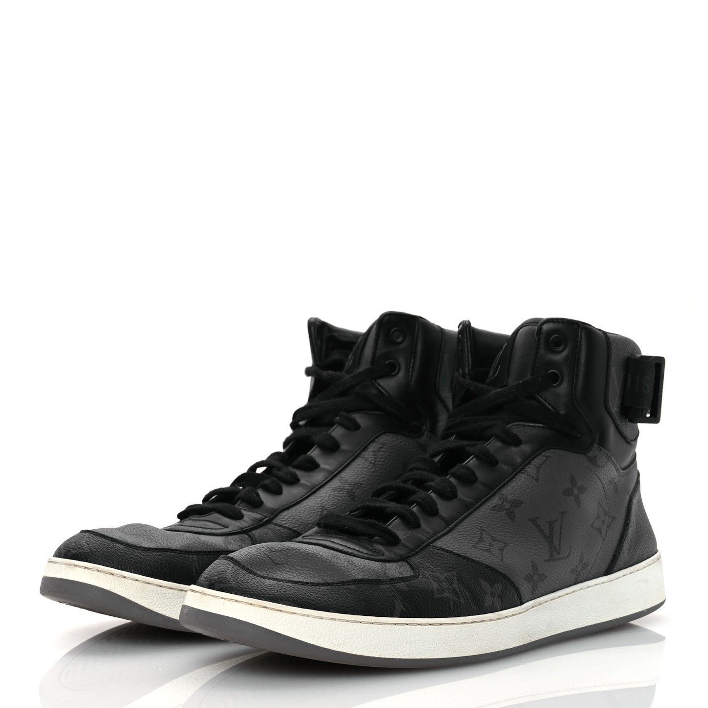 Louis Vuitton Calfskin Monogram Eclipse Mens Rivoli High Top Sneakers 10.5 Black Grey