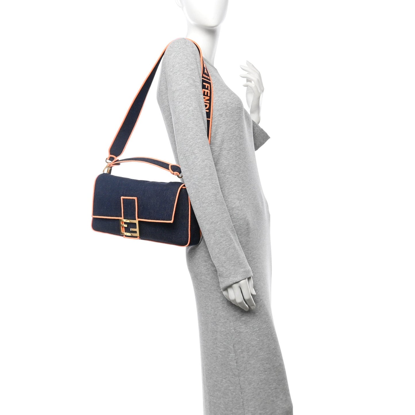Fendi Denim Large Baguette Blue Arancio Fluo