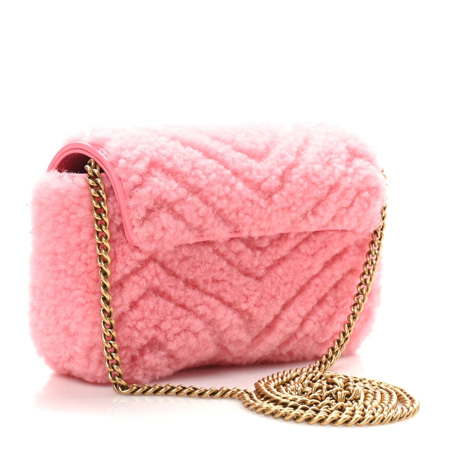 Gucci Shearling Matelasse Super Mini GG Marmont Shoulder Bag Lotus Pink