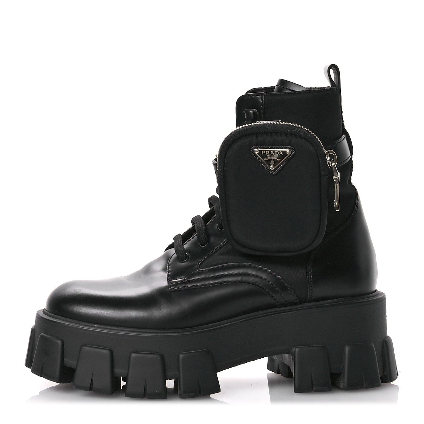 Prada Spazzolato Rois Re-Nylon Metal Triangle Logo Monolith Pouch Pocket 55mm Boots 35.5 Black