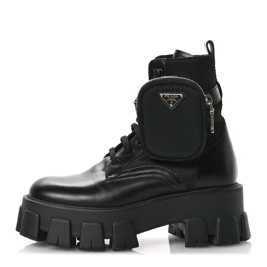 Prada Spazzolato Rois Re-Nylon Metal Triangle Logo Monolith Pouch Pocket 55mm Boots 35.5 Black
