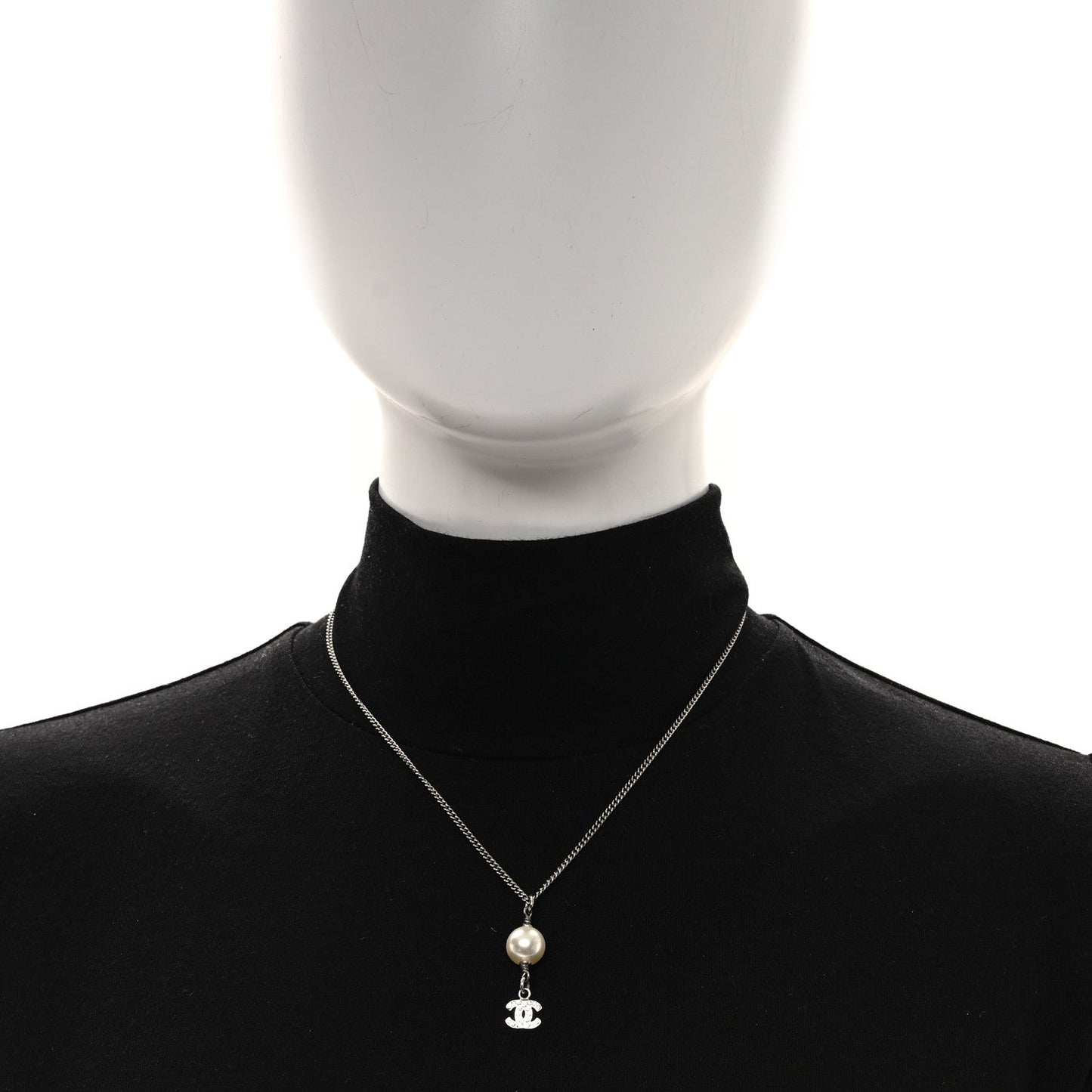 Chanel Pearl Crystal CC Pendant Necklace Silver