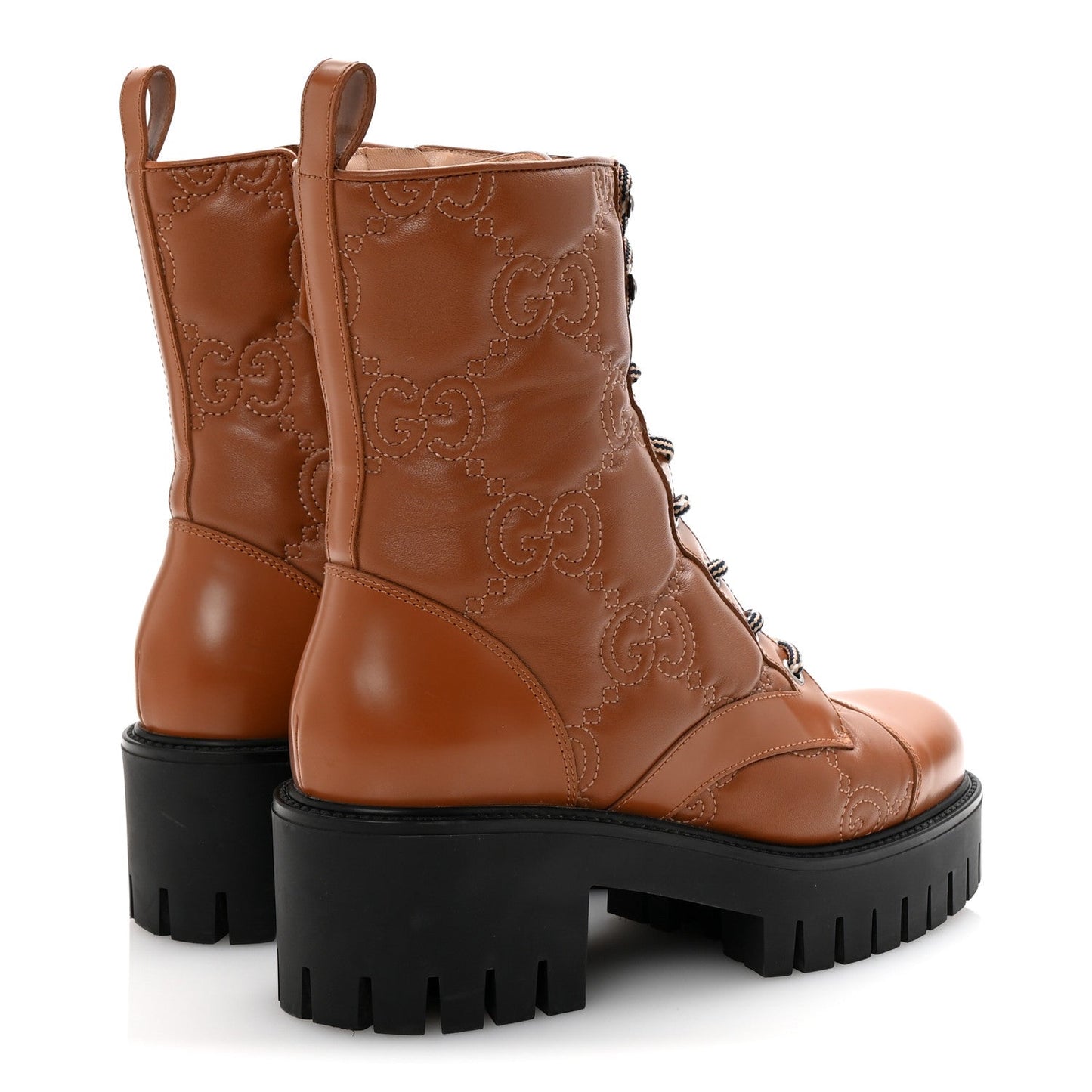 Gucci Cordovan Lux Nappa GG Matelasse Lace Up 60mm Combat Boots 37.5 Dark Hazel Brown