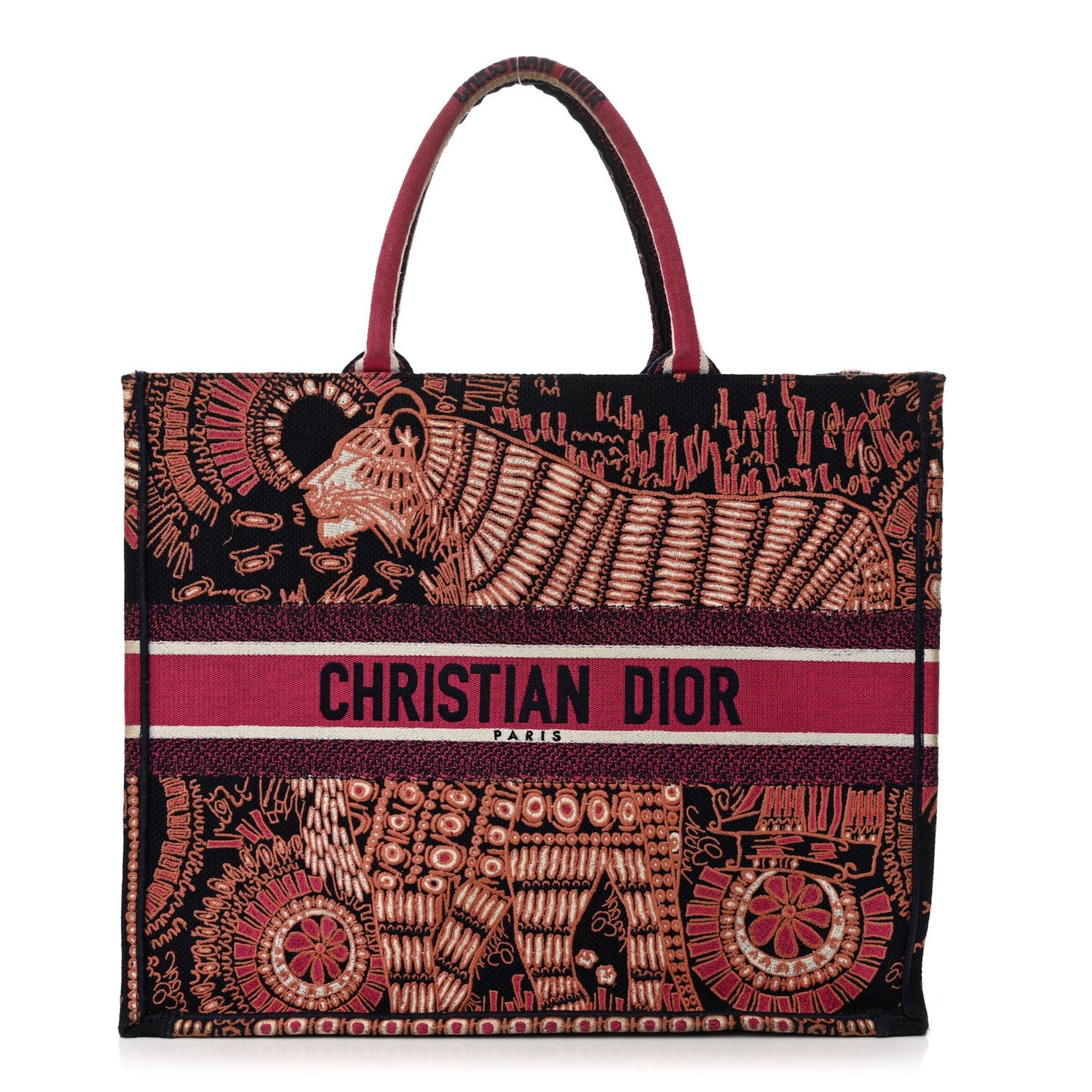 Christian Dior Canvas Embroidered Dior Animals Tiger Book Tote Deep Blue Fuchsia