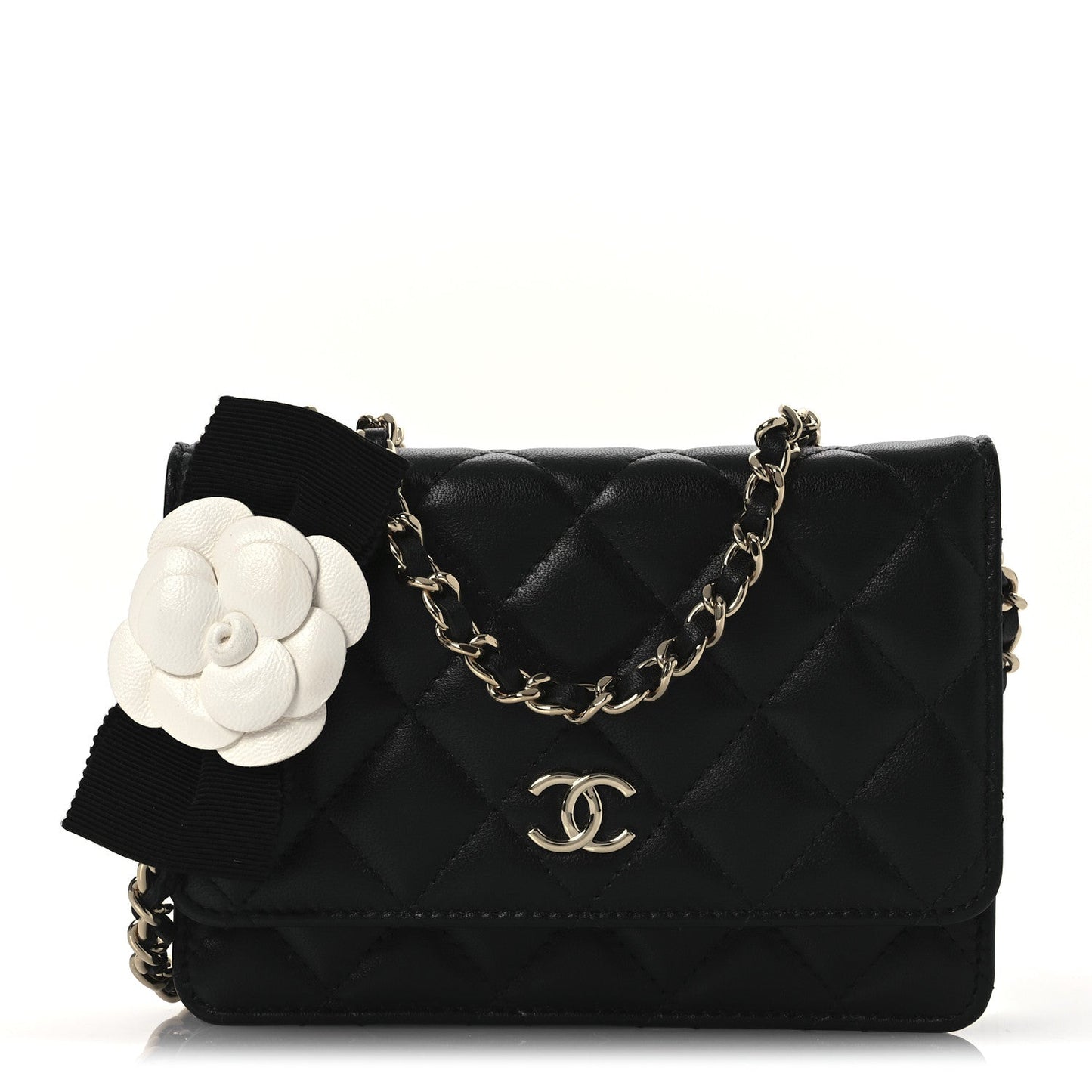 Chanel Lambskin Quilted Mini Camellia Bow Wallet On Chain WOC Black