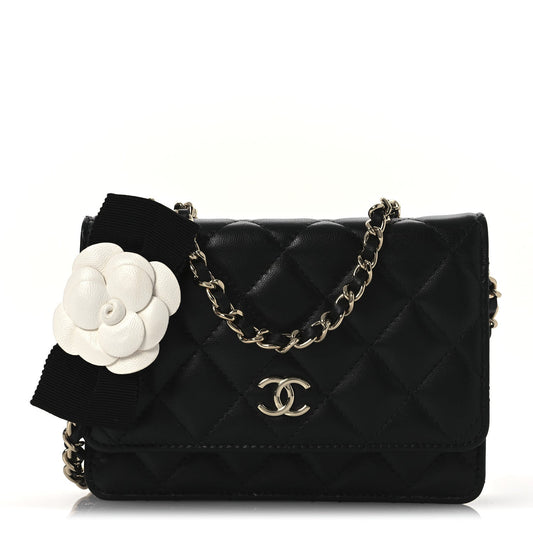 Chanel Lambskin Quilted Mini Camellia Bow Wallet On Chain WOC Black