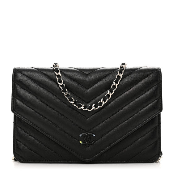 Chanel Sheepskin Chevron Wallet On Chain WOC Black