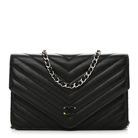 Chanel Sheepskin Chevron Wallet On Chain WOC Black