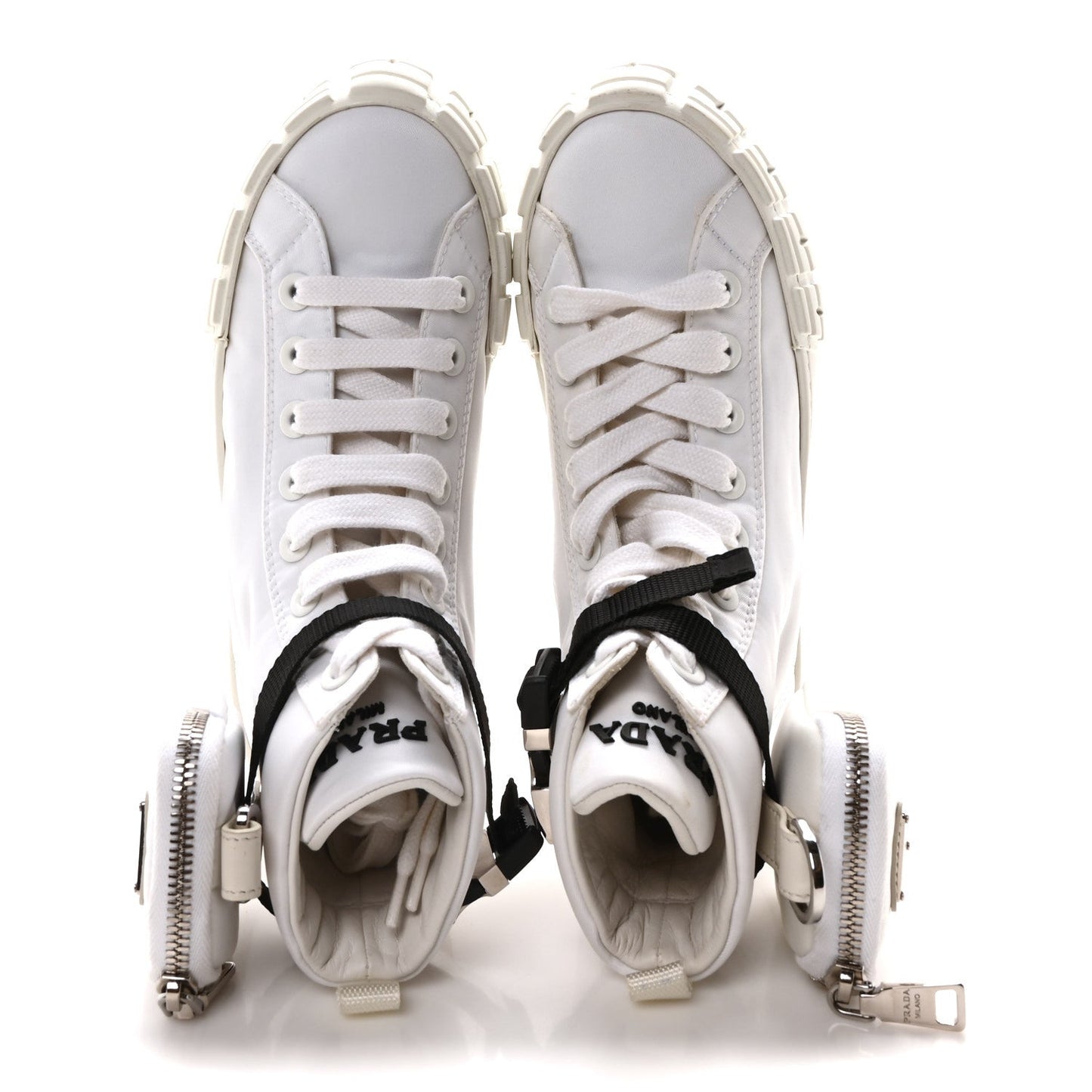 Prada Re-Nylon Gabardine Metal Triangle Logo Wheel Pouch Pocket High Top Sneakers 35.5 White