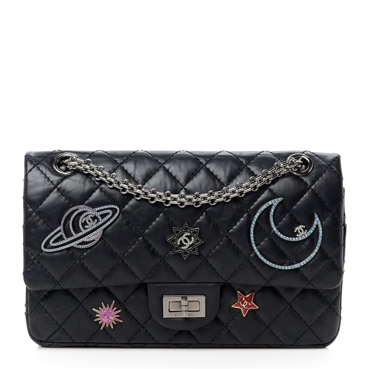 Chanel Aged Calfskin Space Charms 2.55 Reissue 225 Flap Black