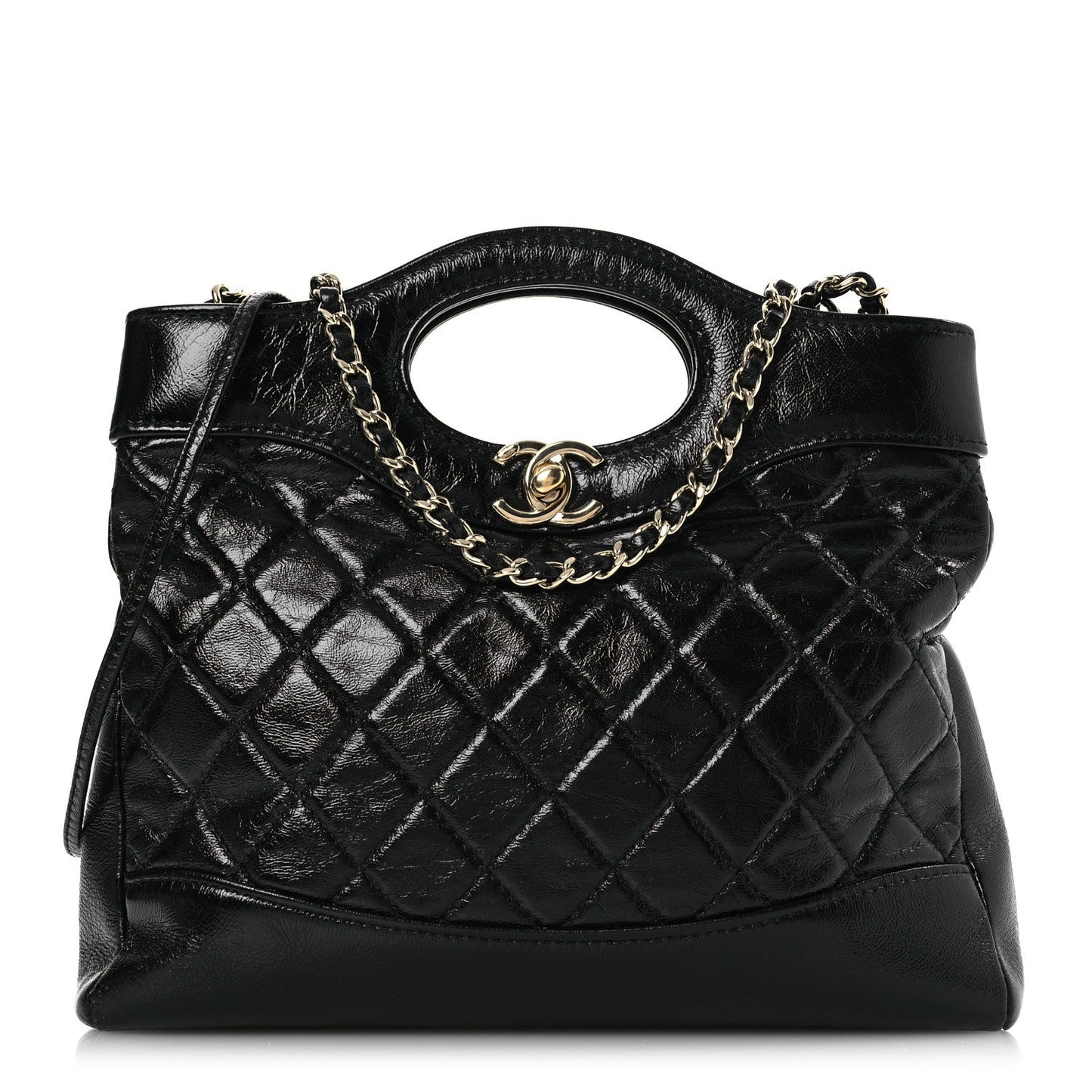 Chanel Shiny Crumpled Calfskin Quilted Mini 31 Shopping Bag Black