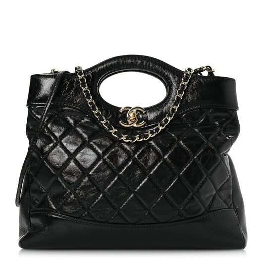 Chanel Shiny Crumpled Calfskin Quilted Mini 31 Shopping Bag Black