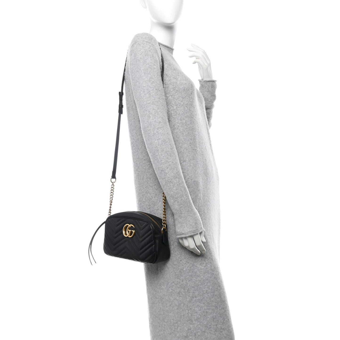 Gucci Calfskin Matelasse Small GG Marmont Chain Shoulder Bag Black