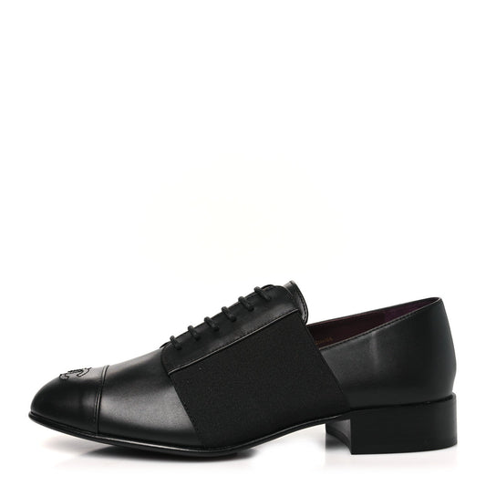 Chanel Calfskin Elastic Lace Up Cap Toe CC Loafers 37 Black