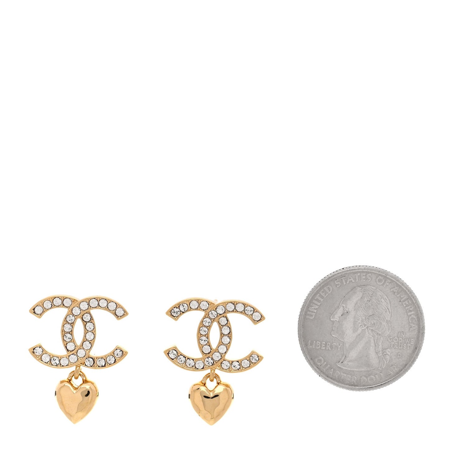 Chanel Metal Crystal CC Heart Drop Earrings Gold