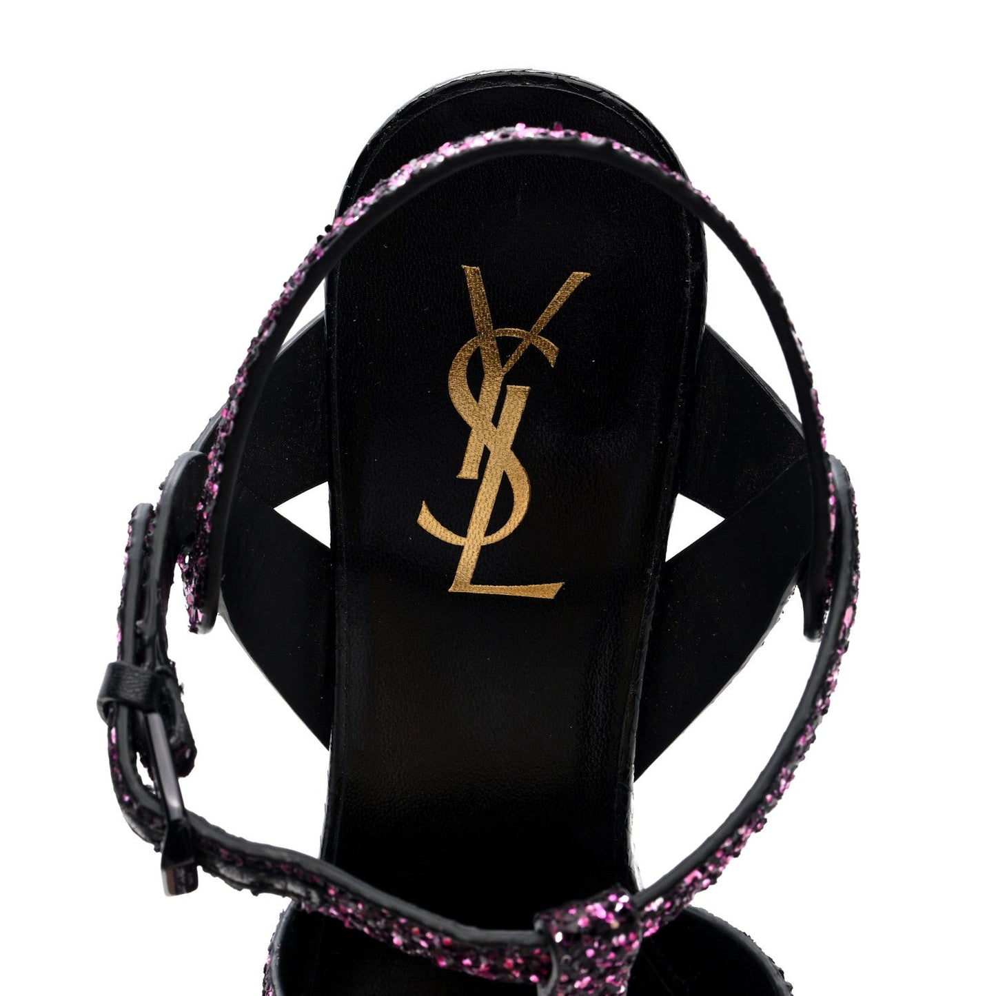 Saint Laurent Glitter Calfskin Ayers Tribute 75 Platform Sandals 38 Black Fuchsia