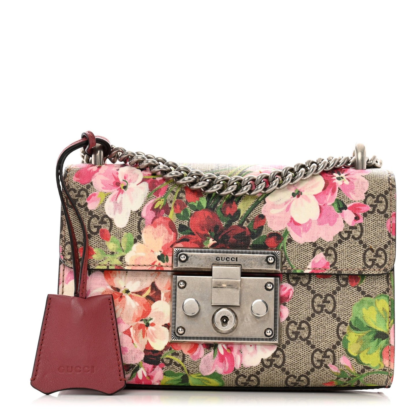 Gucci GG Supreme Monogram Blooms Small PadLock Shoulder Bag Beige Multicolor Dry Rose